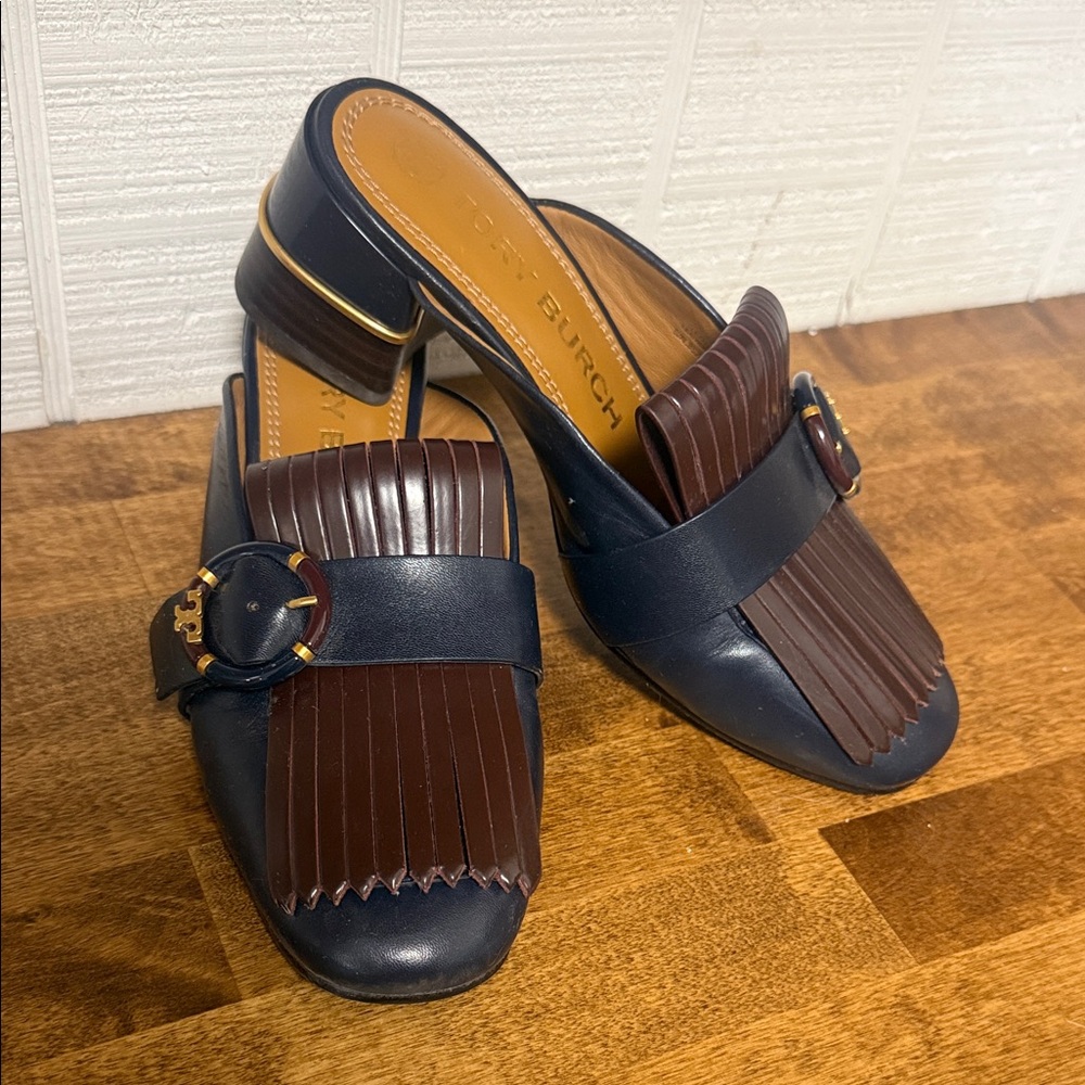 Tory Burch Navy and Brown Leather Fringe Mule with Buckle